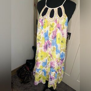 Vintage Grifflin Paris Floral Dress with Yellow, Pink, Blue Beaded Neck Easter